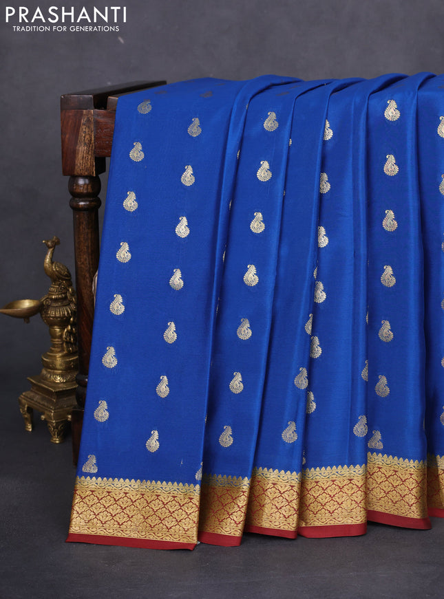 Pure mysore silk saree peacock blue and deep maroon with allover zari woven buttas and zari woven border