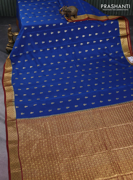 Pure mysore silk saree peacock blue and deep maroon with allover zari woven buttas and zari woven border