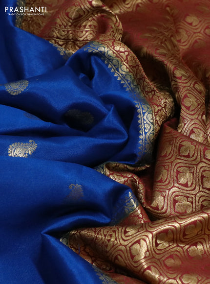 Pure mysore silk saree peacock blue and deep maroon with allover zari woven buttas and zari woven border