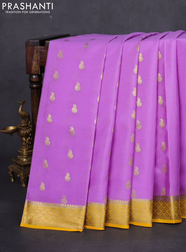 Pure mysore silk saree lavender and yellow with allover zari woven buttas and zari woven border