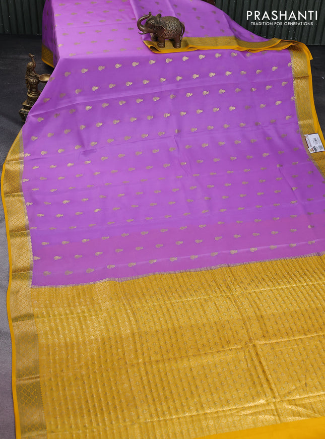 Pure mysore silk saree lavender and yellow with allover zari woven buttas and zari woven border