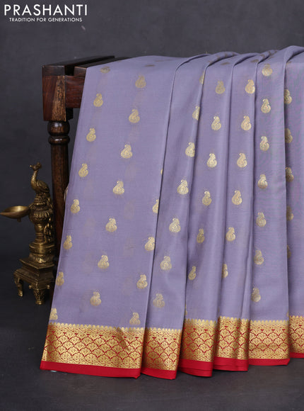 Pure mysore silk saree grey and red with allover zari woven buttas and zari woven border