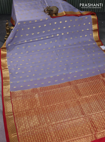 Pure mysore silk saree grey and red with allover zari woven buttas and zari woven border