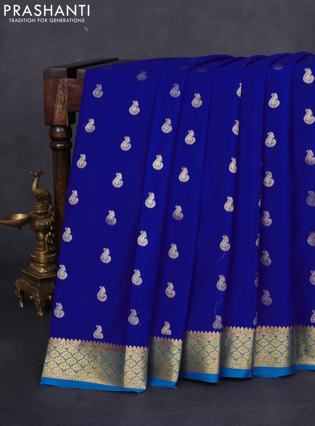 Pure mysore silk saree royal blue and cs blue with allover zari woven buttas and zari woven border