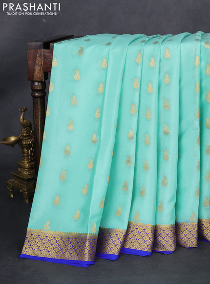 Pure mysore silk saree teal blue and blue with allover zari woven buttas and zari woven border