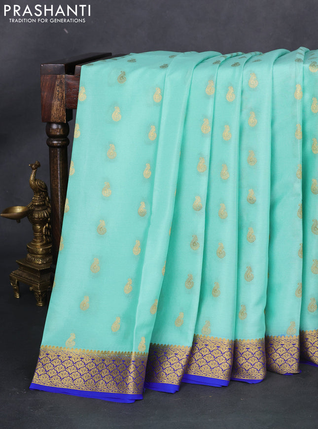 Pure mysore silk saree teal blue and blue with allover zari woven buttas and zari woven border