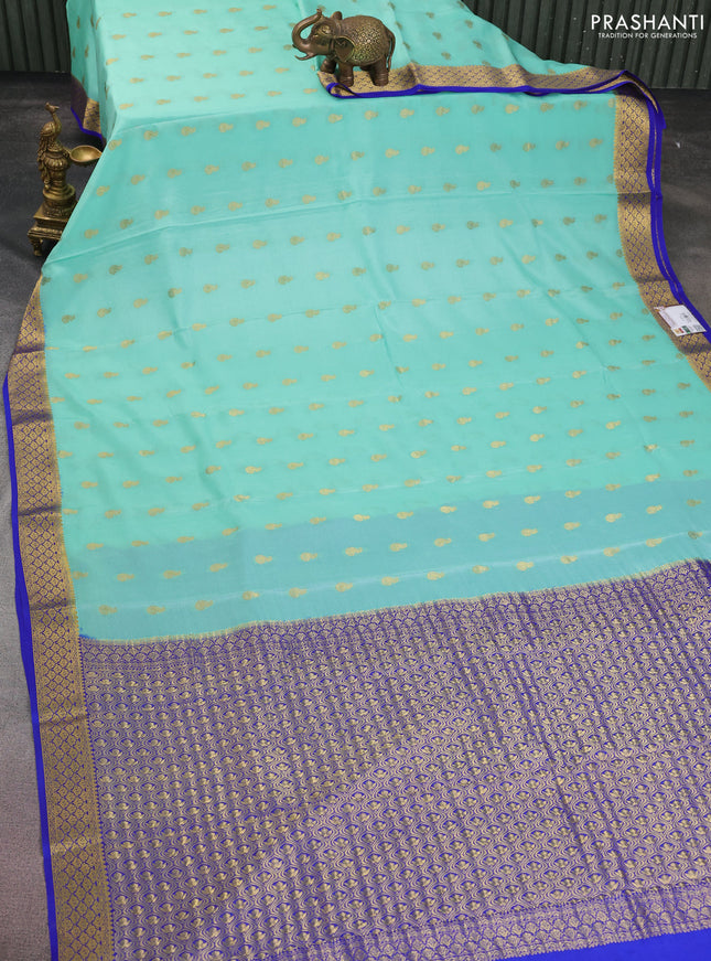 Pure mysore silk saree teal blue and blue with allover zari woven buttas and zari woven border