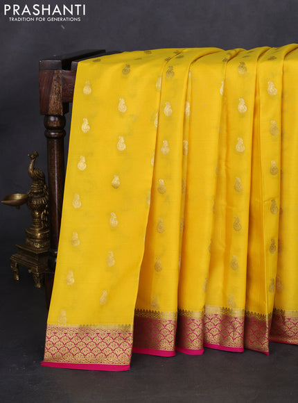 Pure mysore silk saree yellow and pink with allover zari woven buttas and zari woven border