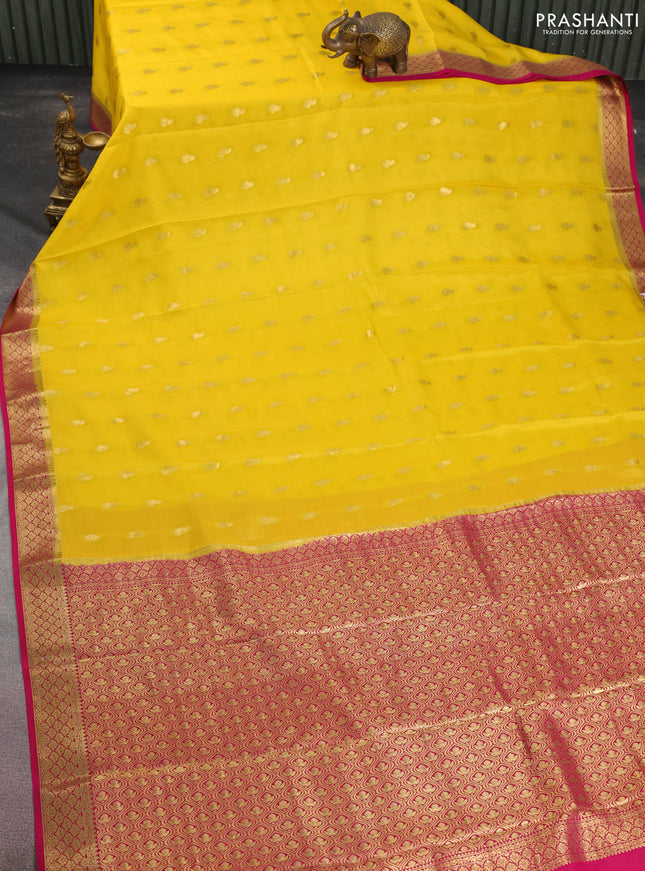 Pure mysore silk saree yellow and pink with allover zari woven buttas and zari woven border