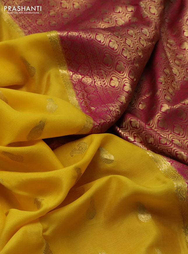 Pure mysore silk saree yellow and pink with allover zari woven buttas and zari woven border