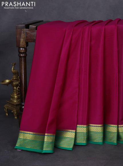 Pure mysore silk saree magenta pink and green with plain body and zari woven border