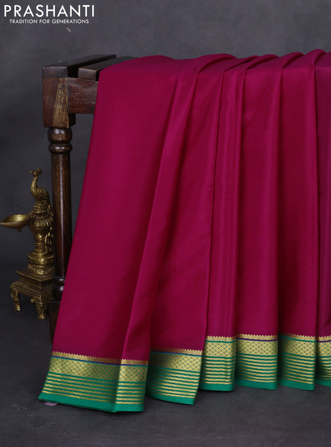 Pure mysore silk saree magenta pink and green with plain body and zari woven border