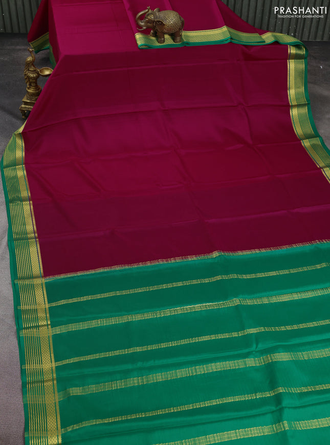 Pure mysore silk saree magenta pink and green with plain body and zari woven border