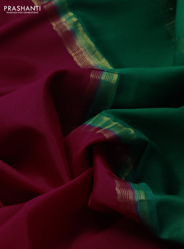 Pure mysore silk saree magenta pink and green with plain body and zari woven border