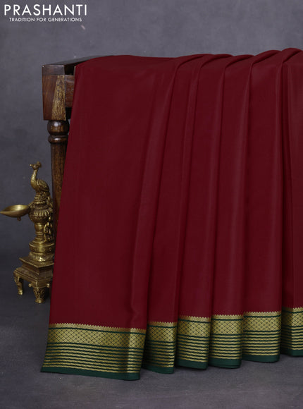 Pure mysore silk saree maroon and green with plain body and zari woven border