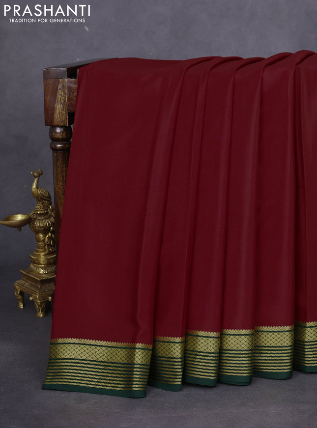 Pure mysore silk saree maroon and green with plain body and zari woven border