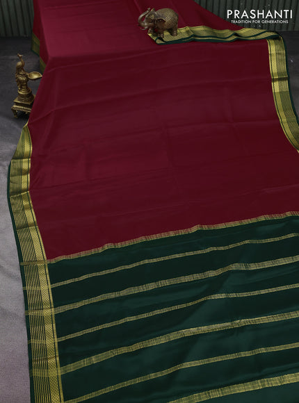 Pure mysore silk saree maroon and green with plain body and zari woven border