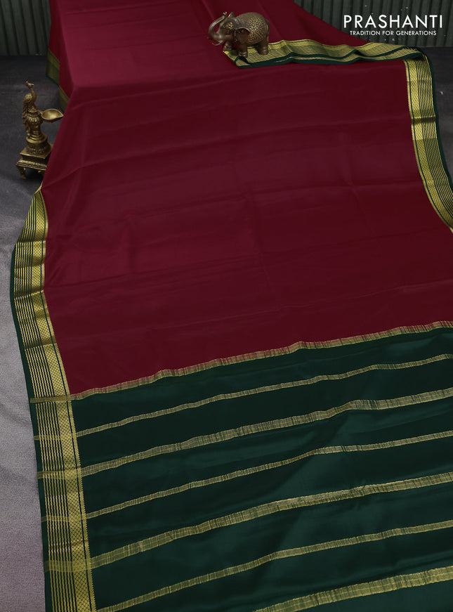 Pure mysore silk saree maroon and green with plain body and zari woven border