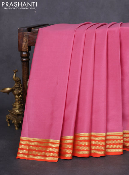 Pure mysore silk saree pastel pink and orange with plain body and zari woven border