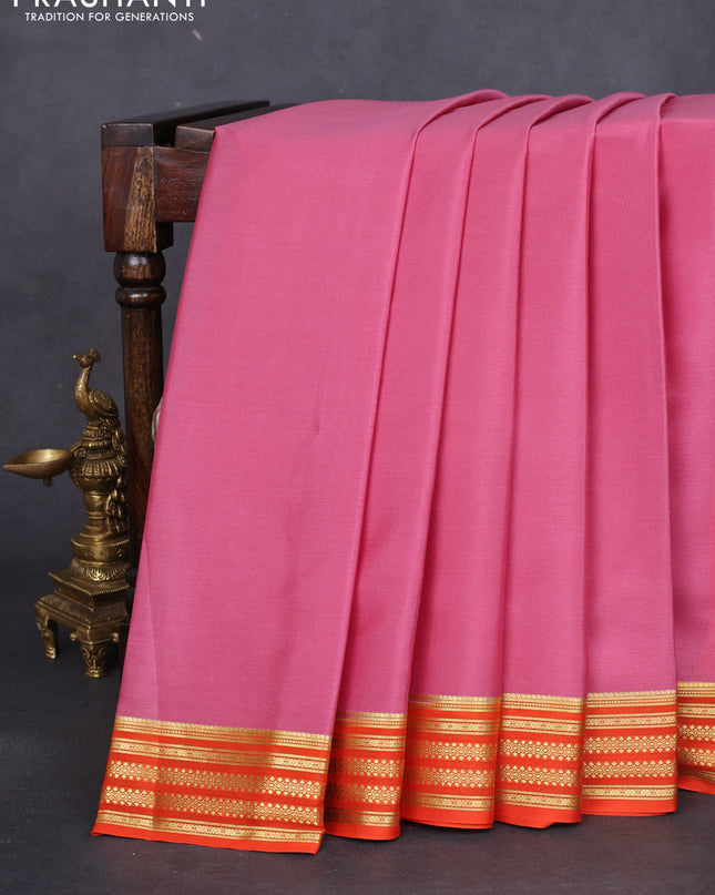 Pure mysore silk saree pastel pink and orange with plain body and zari woven border
