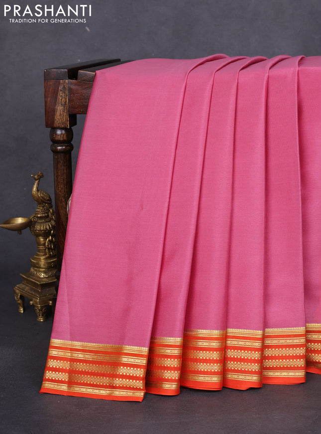 Pure mysore silk saree pastel pink and orange with plain body and zari woven border