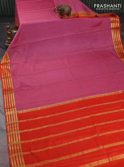 Pure mysore silk saree pastel pink and orange with plain body and zari woven border