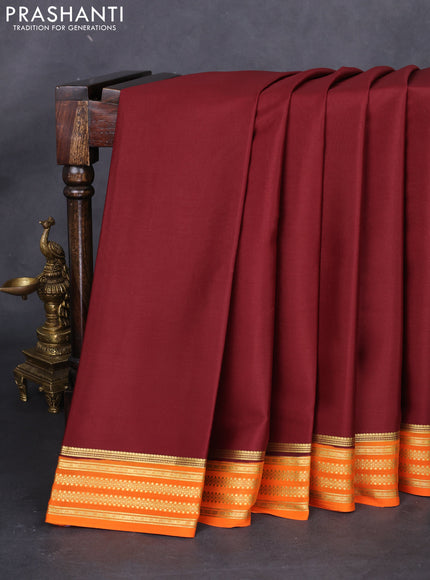 Pure mysore silk saree maroon and orange with plain body and zari woven border