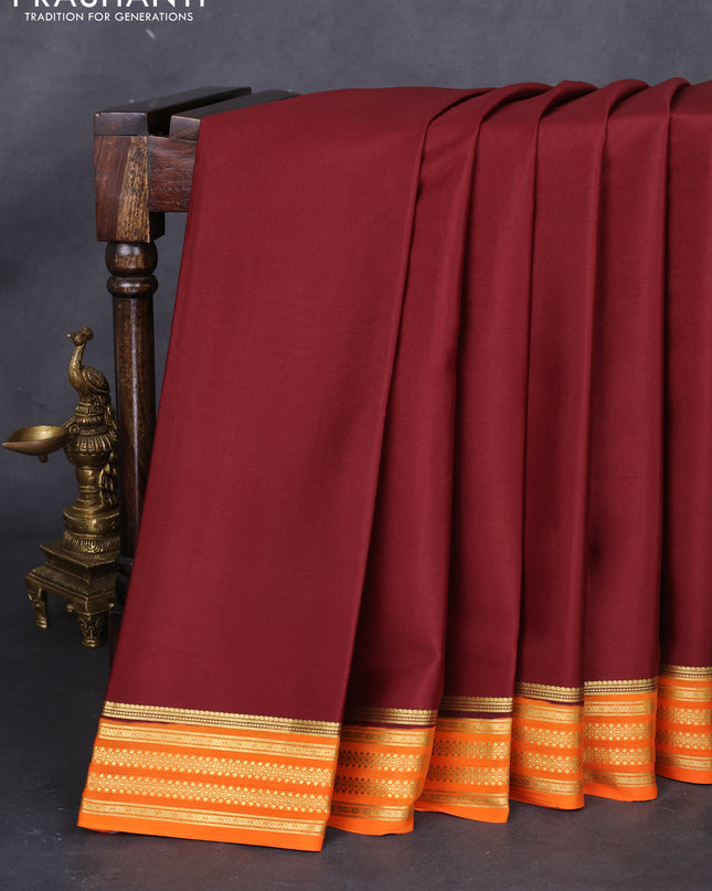 Pure mysore silk saree maroon and orange with plain body and zari woven border