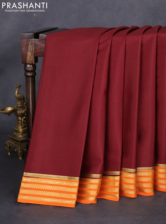 Pure mysore silk saree maroon and orange with plain body and zari woven border