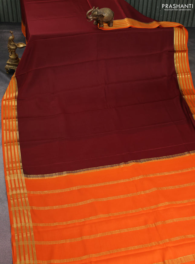 Pure mysore silk saree maroon and orange with plain body and zari woven border