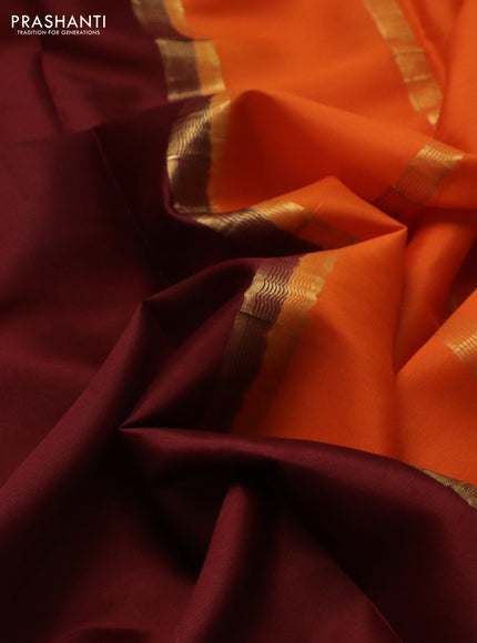 Pure mysore silk saree maroon and orange with plain body and zari woven border