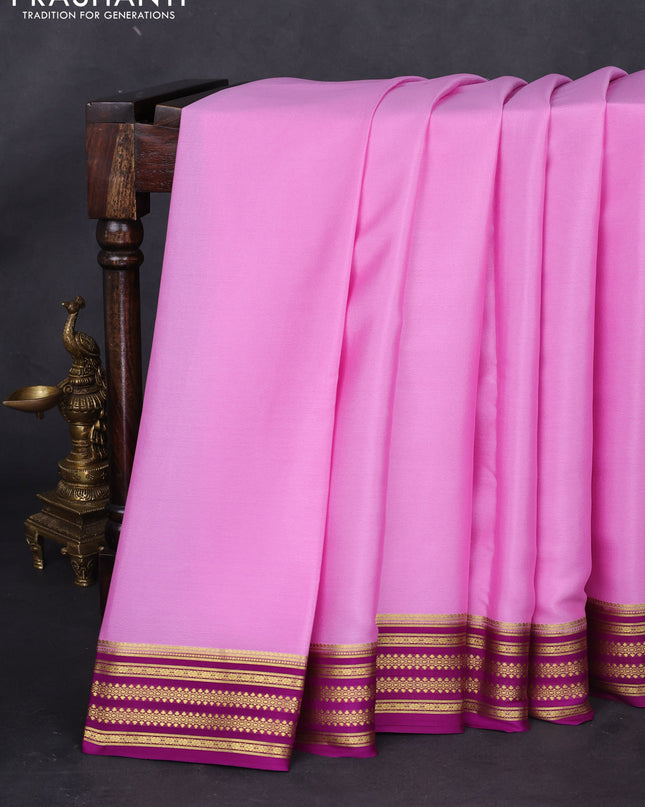 Pure mysore silk saree light pink and purple with plain body and zari woven border