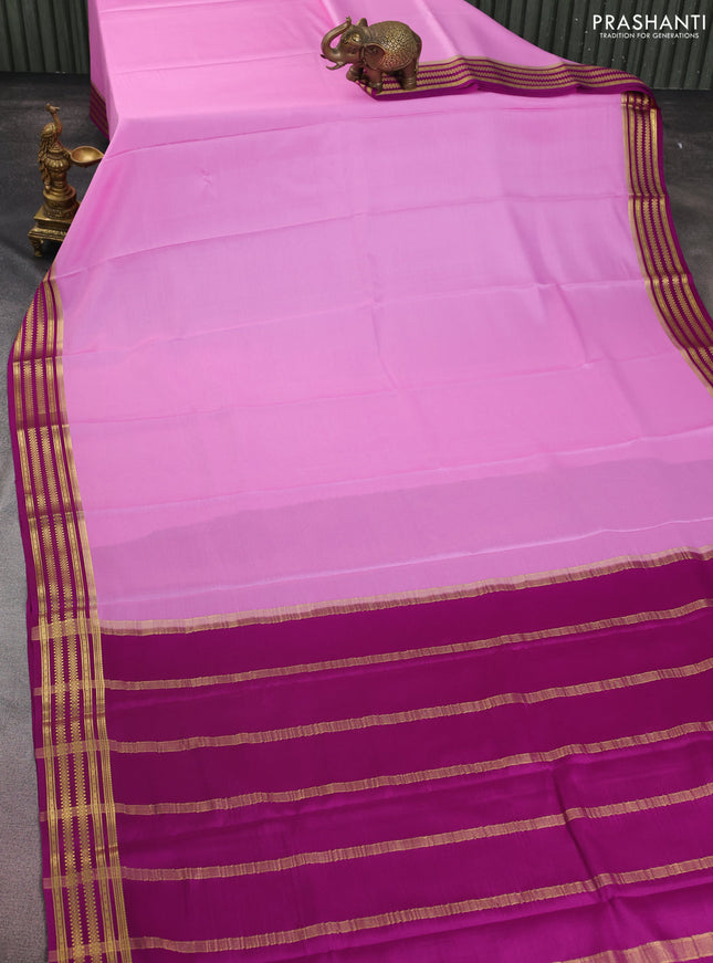 Pure mysore silk saree light pink and purple with plain body and zari woven border