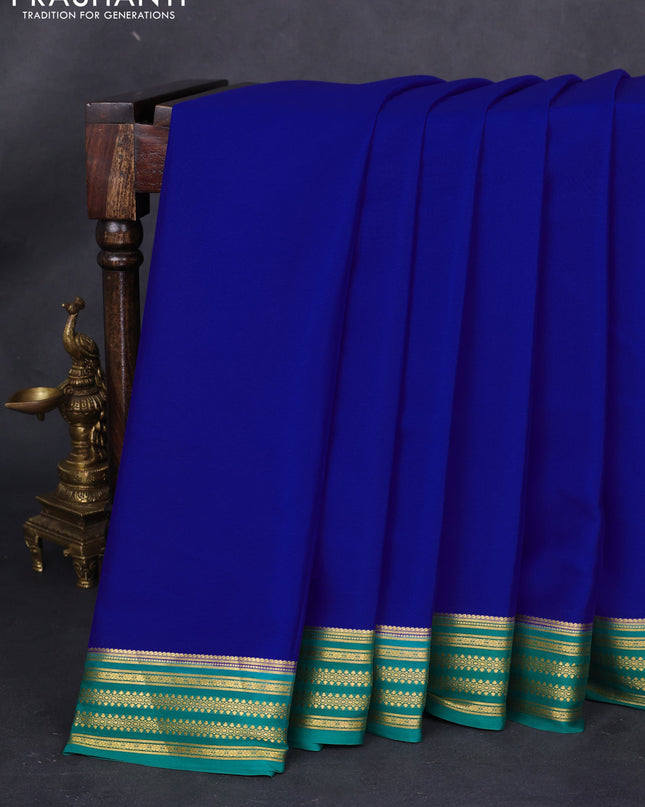 Pure mysore silk saree royal blue and green with plain body and zari woven border