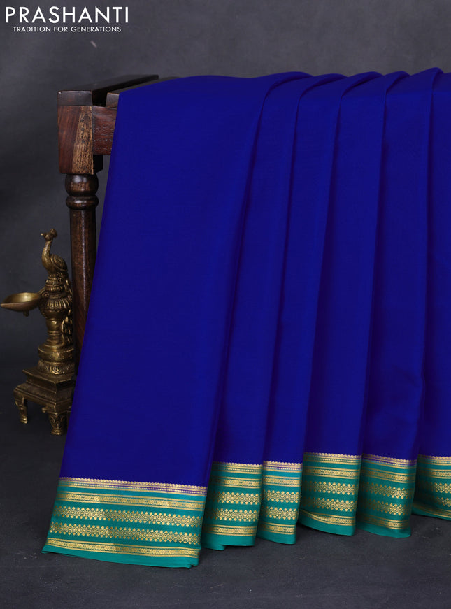Pure mysore silk saree royal blue and green with plain body and zari woven border
