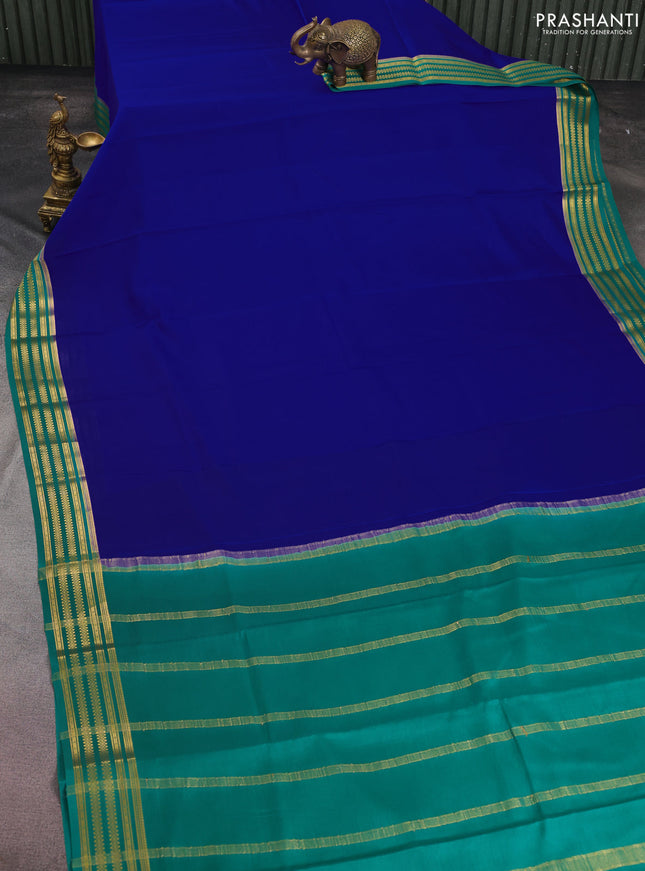 Pure mysore silk saree royal blue and green with plain body and zari woven border