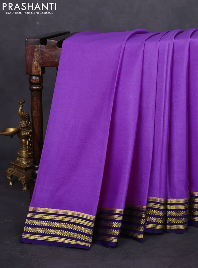 Pure mysore silk saree lavender and navy blue with plain body and zari woven border