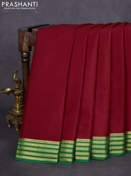 Pure mysore silk saree red and green with plain body and zari woven border