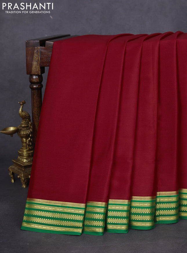 Pure mysore silk saree red and green with plain body and zari woven border