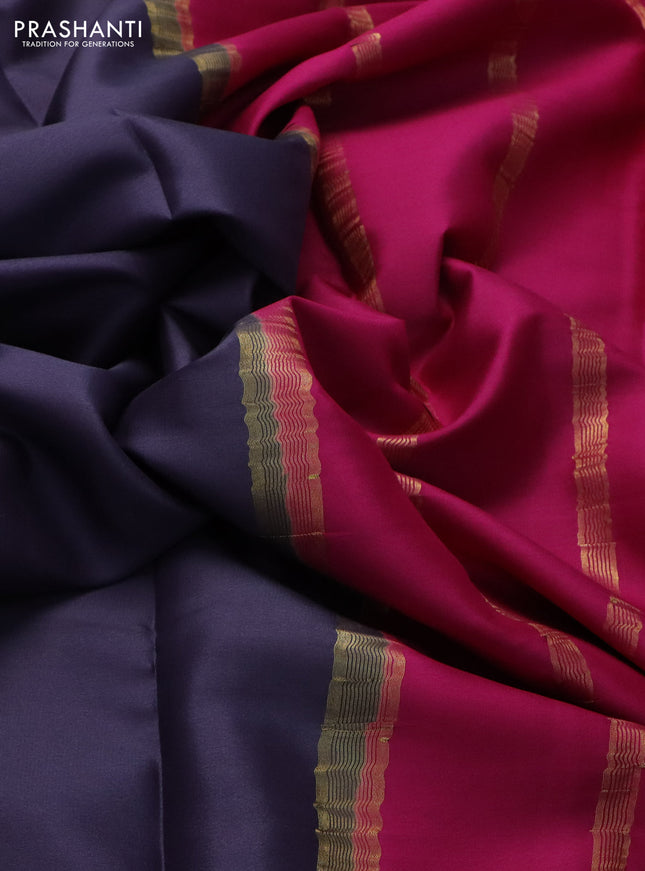 Pure mysore silk saree bluish grey and pink with plain body and zari woven border
