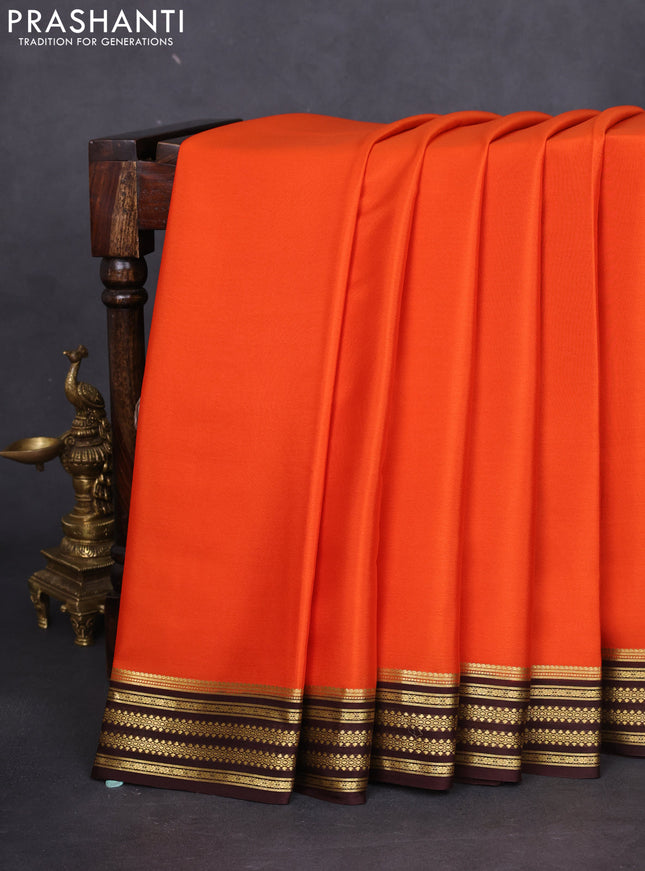 Pure mysore silk saree orange and brown with plain body and zari woven border