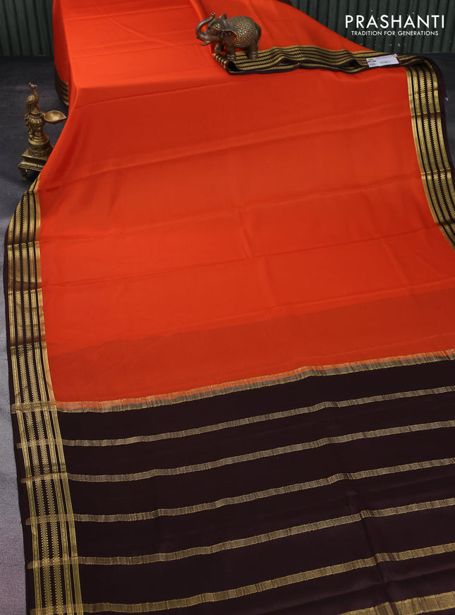 Pure mysore silk saree orange and brown with plain body and zari woven border
