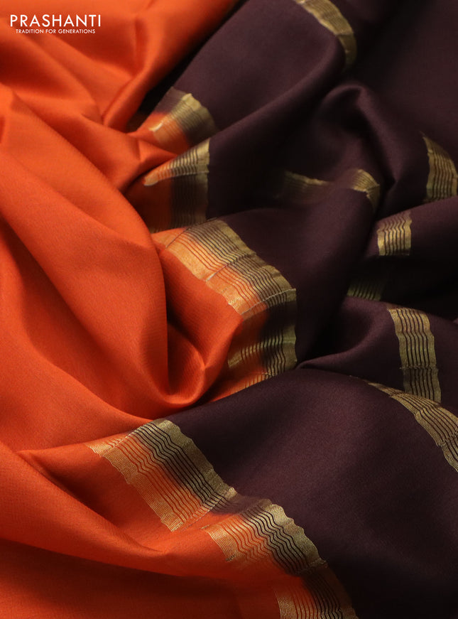 Pure mysore silk saree orange and brown with plain body and zari woven border