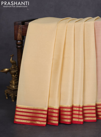 Pure mysore silk saree sandal and red with plain body and zari woven border