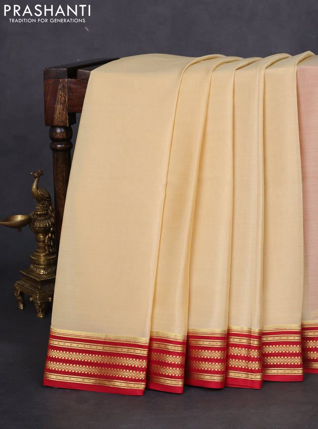 Pure mysore silk saree sandal and red with plain body and zari woven border