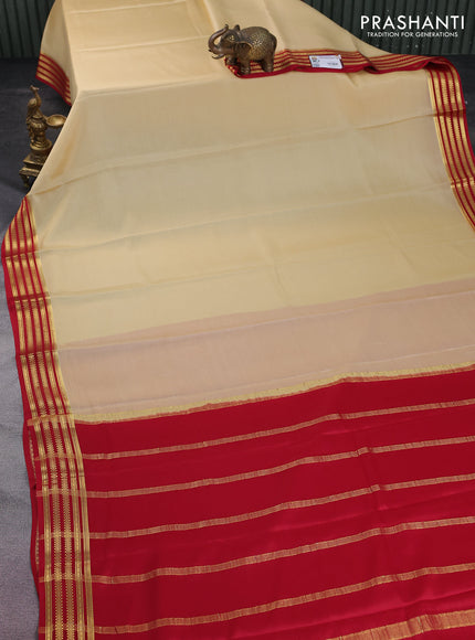 Pure mysore silk saree sandal and red with plain body and zari woven border