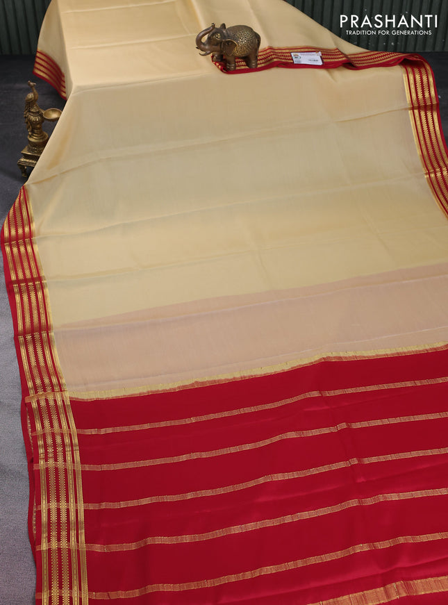 Pure mysore silk saree sandal and red with plain body and zari woven border