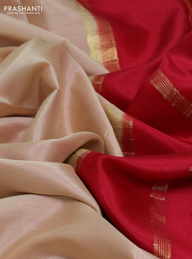 Pure mysore silk saree sandal and red with plain body and zari woven border