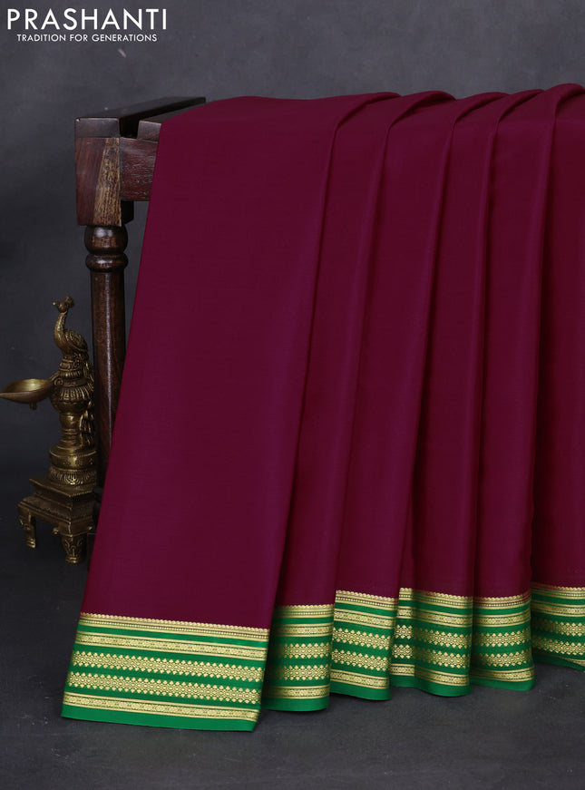 Pure mysore silk saree maroon and green with plain body and zari woven border