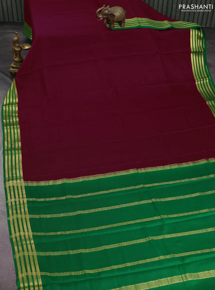 Pure mysore silk saree maroon and green with plain body and zari woven border